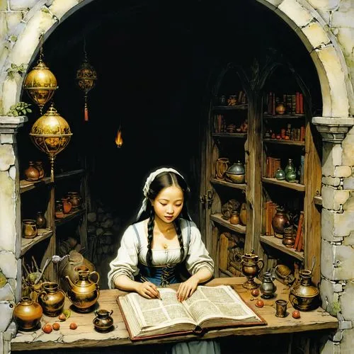 candlemaker,girl studying,scriptorium,miniaturist,rosicrucians,hildebrandt,Illustration,Paper based,Paper Based 29