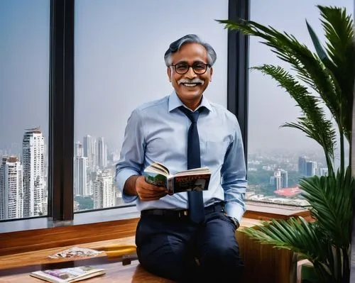 Modern architectural magazine, India, editorial office interior, wooden desk, leather chair, bookshelves, minimalist decor, warm lighting, Indian businessman, 30s, bespectacled, formal attire, holding