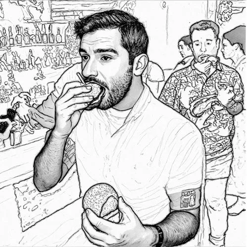 food line art,donut illustration,office line art,kovic,karabatic,rotoscoped,araullo,coffee tea illustration,donut drawing,rotoscope,cartooning,negredo,hand-drawn illustration,comic style,man talking o