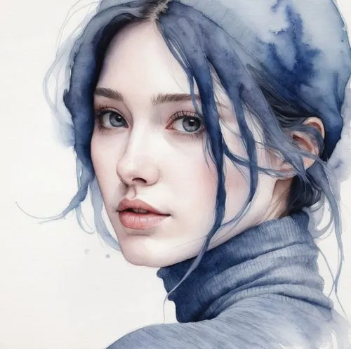 高领毛衣,this is an artistic pograph of a woman with blue hair,winterblueher,jingna,hoshihananomia,fantasy portrait,watercolor blue,kommuna,Illustration,Paper based,Paper Based 20