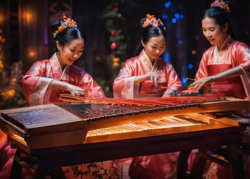 Craft a vibrant and lively guzheng performance for a festive celebration.,traditional chinese musical instruments,traditional korean musical instruments,traditional vietnamese musical instruments,hamm