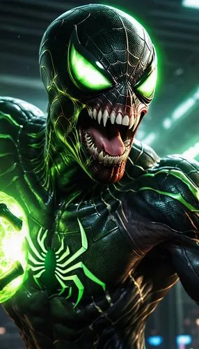 t8k image, he image shows a muscled black spiderman with a fierce expression and a glowing green fang fighting a xenomorph,the spider man character with green eyes and arms, a glowing green eyeball,ve