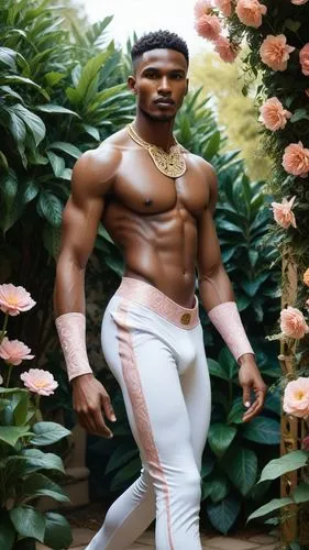 The scene is set in a lush garden, with vibrant flowers and herbs growing in the gentle breeze. A African chad Student top Model muscular adonis men with men perfect body and wearing white latex gloss