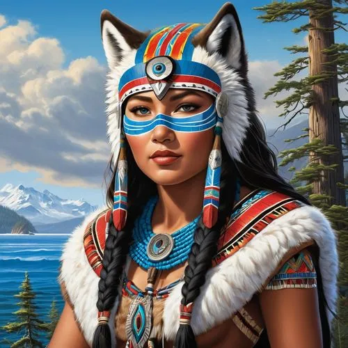 gorgeous award winning photorealistic masterpiece ultra detailed 8k hyperrealistic portrait master illustration of a Pacific Northwest Native American Tlingit female warrior wearing a traditional wood