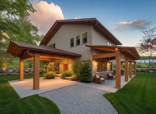 Una casa por la noche con su paisajismo y su iluminación del patio,hovnanian,landscaped,beautiful home,pergola,modern house,roof landscape,Photography,General,Realistic