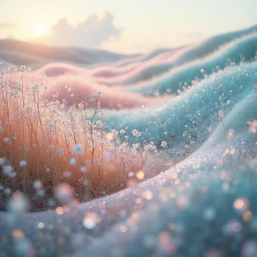 Meadow inspirations, futuristic high-tech fabric designs, shimmering iridescent colors, metallic sheen, intricate flower patterns, delicate blades of grass, soft gentle hills, warm sunlight, fluffy wh