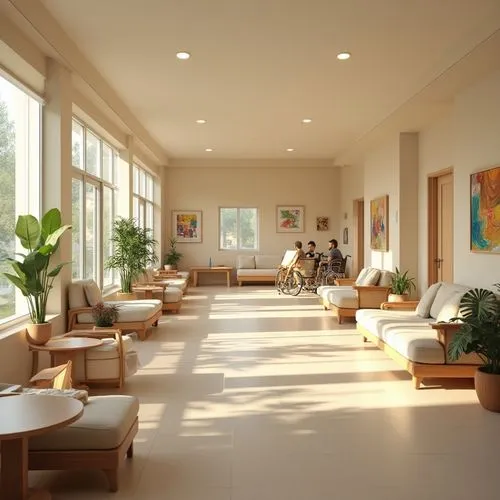 therapy center,hospital ward,lobby,holy spirit hospital,school design,elderhostel,daylighting,hotel hall,atriums,therapy room,narthex,dormitory,hospital,hallway space,interhostel,leprosarium,children's interior,university hospital,shorecrest,hotel lobby,Photography,General,Realistic