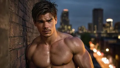 muscular man, Josh Hartnett, shirtless, ripped chest, six pack abs, athletic build, messy hair, strong facial features, smoldering eyes, casual posture, leaning against a wall, urban setting, cityscap