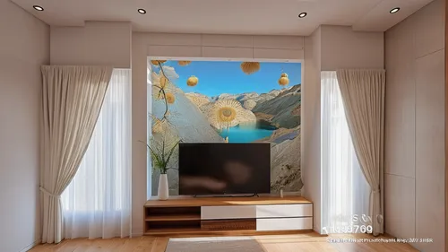 re render this inetrior seen , put any picture on tv and change colour of wall ,projection screen,stucco ceiling,sky apartment,skylight,3d rendering,flat panel display,modern room,great room,interior 