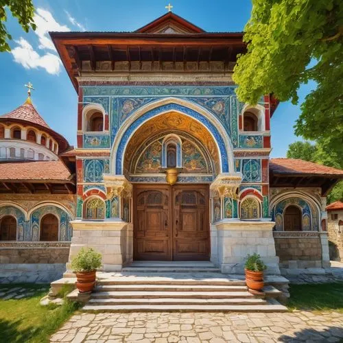 Ancient, Bulgarian architecture, medieval, ornate, detailed carvings, Orthodox church, golden domes, intricate stone patterns, red-tiled roofs, grand entrance, heavy wooden doors, ornamental columns, 