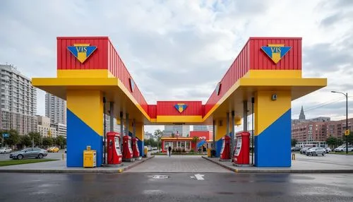 Vibrant gas station, bold geometric shapes, primary color scheme, red pumps, yellow canopies, blue accents, industrial metal structures, functional typography, minimalist design, rectangular forms, cl