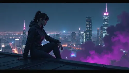 cyberpunk,kaidan,above the city,psylocke,rooftops,widowmaker