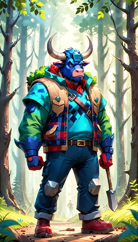 farmer in the woods,forest man,samurai,mountain guide,ranger,adventurer,samurai fighter,fantasy warrior,minotaur,lumberjack,forest beetle,druid,tribal bull,game illustration,bard,brute,dane axe,hiker,the stag beetle,wind warrior,Anime,Anime,Cartoon