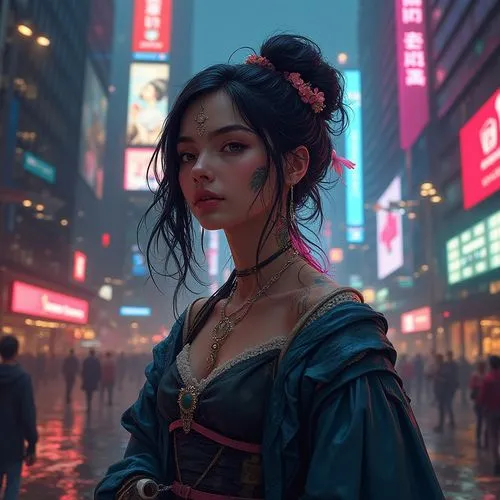 geisha,mulan,asian woman,cyberpunk,mongkok,geisha girl