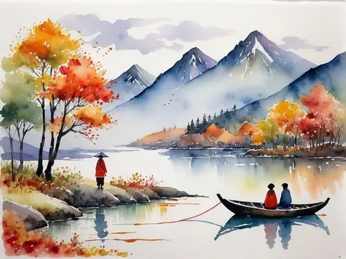 autumn landscape,watercolor,watercolorist,watercolor painting,autumn idyll,autumn scenery,Illustration,Paper based,Paper Based 06