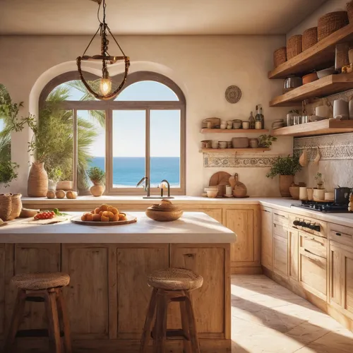  Interior design of a kitchen, mediterranean style, beside the beach, beautiful sunlight shining through,kitchen design,kitchen interior,tile kitchen,vintage kitchen,kitchen,the kitchen,big kitchen,mo