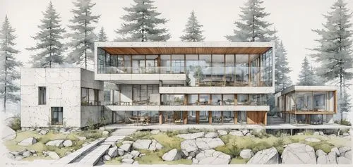 an artist's impression of a white building surrounded by trees,snohetta,renderings,bohlin,passivhaus,revit,modern house,Unique,Design,Blueprint