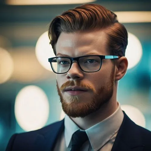 Cameron Monaghan with beard and glasses as businessman,a man with a long hair and glasses wearing a suit,gingrichian,silver framed glasses,zaytsev,lace round frames,rodenstock,paulsson,Photography,Gen