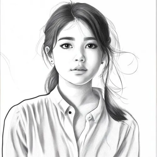 女生，白色衬衫，黑白，线稿，线条艺术,a pencil drawing of a young woman,girl portrait,girl drawing,wip,realis,krita,study,Design Sketch,Design Sketch,Character Sketch