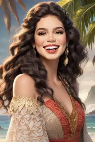 Princess Moana in Disney animation movie Moana. wears a two-piece ensemble that reflects her connection to the ocean and her island heritage. long, wavy, and dark brown hair,tropico,moana,waikaremoana