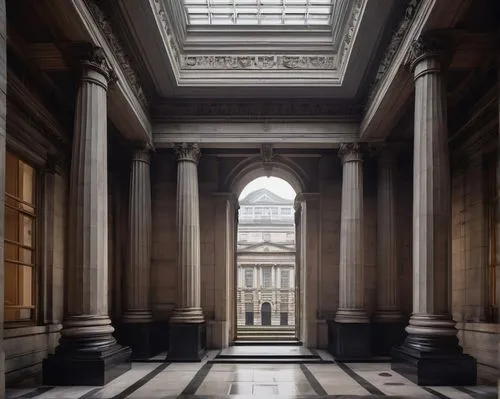 saint george's hall,threadneedle,neoclassical,doric columns,british museum,glyptothek,archly,stormont,entrance hall,cochere,ryswick,treasury,colonnades,columns,teylers,borromini,palladian,colonnade,kunstakademie,leadenhall,Illustration,American Style,American Style 14