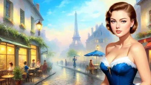 dark saturated colors, Romantic masterpiece oil painting, beautiful girl dainty girdle dress portrait, nostalgic 1950's style kitsch, French cafe street corner, cozy familiar scenery, by Thomas Kinkad