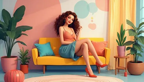 portrait background,tropico,yellow background,mapei,tropicana,color background,kitschy,lemon background,retro woman,colorful background,kimbra,sofa,fashion vector,floral background,froot,retro girl,pastel colors,retro background,retro styled,sitting on a chair,Photography,General,Realistic