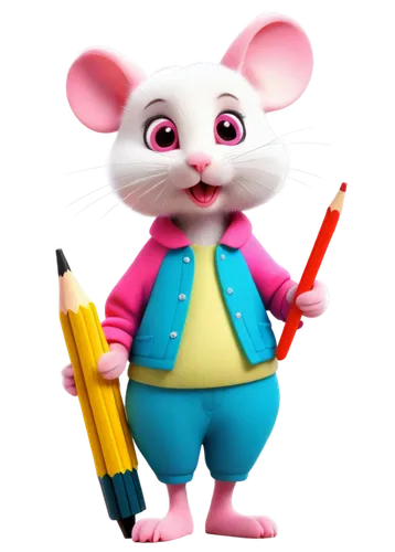 cartoon mice, graphic illustration, cute expression, big round eyes, pink nose, fluffy white fur, colorful clothing, holding a pencil, drawing a picture, desk with paper and stationery, bright colors,