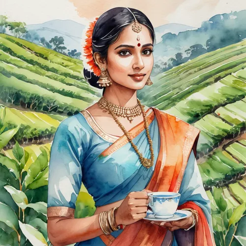 ceylon tea,coffee tea illustration,kerala,pongal,indian woman,sari,indian jasmine,indian filter coffee,woman drinking coffee,assam tea,jaya,radha,tulsi,masala chai,indian art,lakshmi,karnataka,maharashtrian cuisine,tamil culture,west indian jasmine,Illustration,Paper based,Paper Based 25