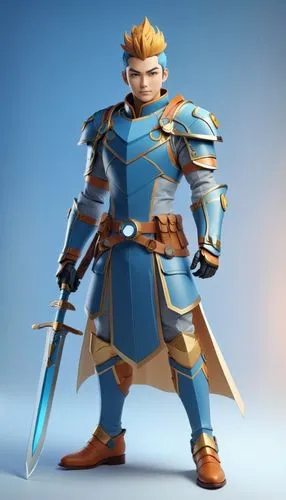 anime,  mohawk, anime, 3d model, 3d figure, kotobukiya, bright colors,Concept of a knight with a sword and light blue armor,garrison,draug,siegbert,thorleif,uther,mpaulson,Unique,3D,3D Character