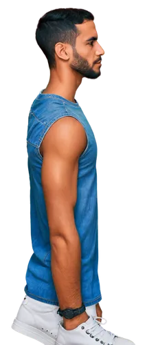 African American, male, side profile, strong facial features, short black hair, trimmed beard, dark brown eyes, nose ring, earrings, muscular neck, shoulder visible, sleeveless shirt, denim jeans, sne