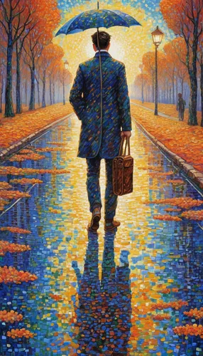 man with umbrella,walking in the rain,pilgrim,pedestrian,walking man,oil painting on canvas,vincent van gough,a pedestrian,oil painting,oil on canvas,golden rain,painting technique,umbrellas,the wanderer,seller,the sun and the rain,standing man,travel poster,raincoat,blue rain,Conceptual Art,Daily,Daily 31