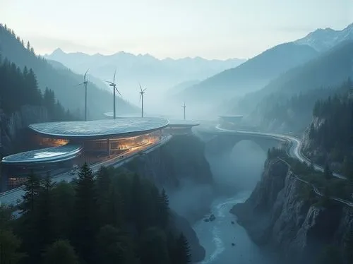 futuristic landscape,futuristic architecture,futuristic art museum,snohetta,alpine drive,house in the mountains,house in mountains,highway bridge,mountain pass,hydropower plant,skywalk,superhighways,amanresorts,skywalks,mountain highway,skybridge,maglev,alpine restaurant,shambhala,skyways,Photography,General,Realistic