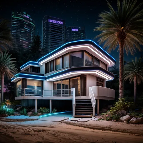 night neon light . futuristic modern house rock bionic style
,tropical house,mid century house,dunes house,modern house,beach house,real-estate,florida home,modern architecture,contemporary,miami,luxu