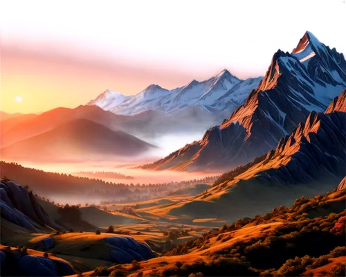 mountain sunrise,alpine landscape,alpine sunset,autumn mountains,mountains,mountain landscape,mountain scene,mountainous landscape,landscape background,high alps,mountain range,mountain valleys,mountain world,mountain valley,mountainsides,mountain,mountainside,high mountains,mountain ranges,mountain plateau,Illustration,Realistic Fantasy,Realistic Fantasy 22