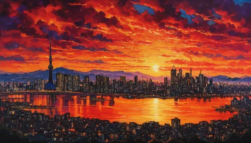 The fiery double toasted sunset painted the sky with vibrant hues, casting a magical spell over the city.,city in flames,chongqing,cityscape,shanghai,metropolis,apocalyptic,city skyline,tianjin,nanjin