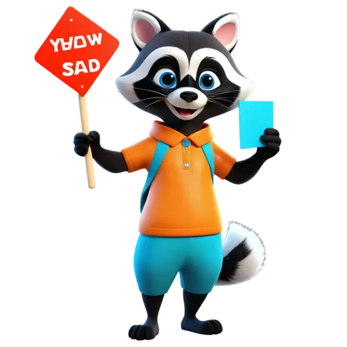 Raccoon cartoon, cute expression, rounded eyes, black mask, bushy tail, white gloves, colorful clothing, standing on hind legs, holding signboard, comical pose, vibrant colors, soft shading, playful a