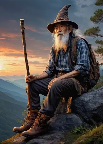 Wizard, hillbilly, old man, long white beard, messy hair, worn-out hat, wooden staff, leather boots, rugged pants, checked shirt, suspenders, sitting on a rock, mountainous background, misty atmospher