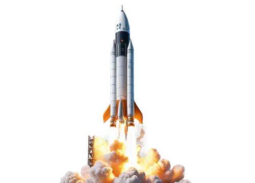 Rocket launch, vertical composition, nighttime, stars in sky, launchpad, flames erupting, smoke clouds, massive rocket body, silver metallic material, intricate details, bright lights, explosive takeo