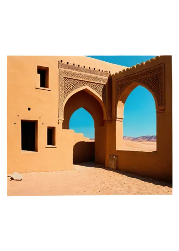 Ancient ruins, desert landscape, sandy dunes, mud-brick buildings, intricately carved arches, Islamic patterns, vibrant turquoise domes, worn stone walls, weathered wooden doors, rustic lanterns, afte