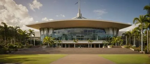 Rockhampton city hall, modern architecture, sleek lines, glass façade, metallic structure, grand entrance, symmetrical composition, stairs leading up, lush greenery surrounding, tropical plants, palm 