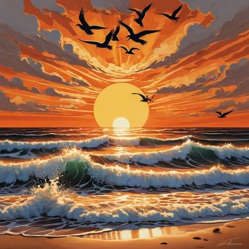 sun,sun and sea,coast sunset,sea birds,tramonto,sunrise beach,Illustration,Realistic Fantasy,Realistic Fantasy 42