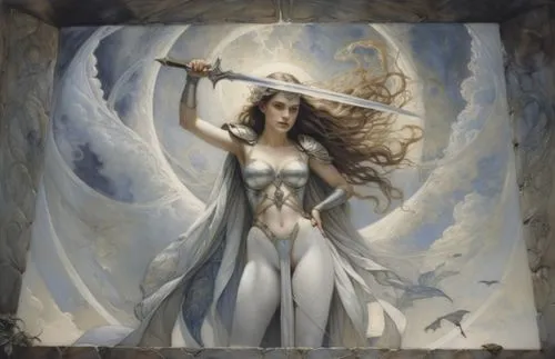 Armadura de metal.,a beautiful woman holding a sword in front of a painting,arianrhod,sigyn,seraphim,adere,elenore,thingol