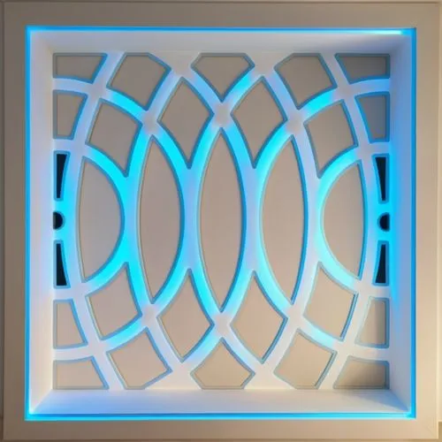 Convert this layout into a real gypsum decor for a room with hidden lighting.,a window with a blue light in it,lattice window,ventilation grille,ventilation grid,metamaterial,lattice windows,microflui