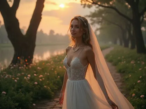 Dreamy woman, 25yo, elegant lace wedding dress, flowing silk veil, delicate pearl necklace, soft curls, subtle blush, gentle smile, standing, misty forest, ancient trees, twinkling fireflies, blooming