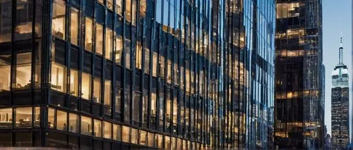 Center for Architecture New York, modern building, glass facade, steel structure, urban landscape, busy streets, skyscrapers, city lights, evening scene, warm lighting, detailed windows, angular lines