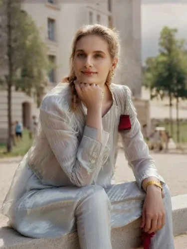 a woman with long curly hair and a golden apron sits on a bench in a park, his eyes fixed on the world beyond. She wears a red dress and a brown t-shirt, and her hair is pulled back into a ponytail. T