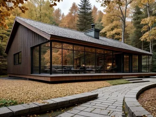 more autumn colors,an exterior view of a large building surrounded by fall foliage,forest house,timber house,house in the forest,vitra,mid century house,lohaus