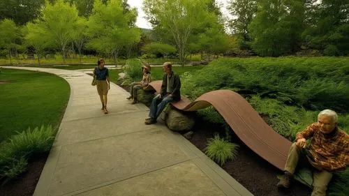 people walk down a trail past an artistic garden,googleplex,ecotourists,laurelhurst,everwood,horticulturists,marylhurst,Photography,Documentary Photography,Documentary Photography 15