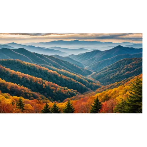 Mountain range, North Carolina, Blue Ridge Mountains, autumn season, misty morning, rugged terrain, rocky peaks, evergreen trees, deciduous trees with golden leaves, winding roads, scenic overlooks, c